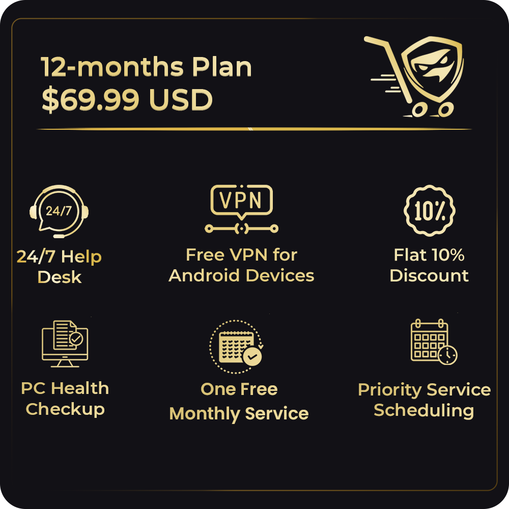 12-months plan with features and pricing on a black background.
